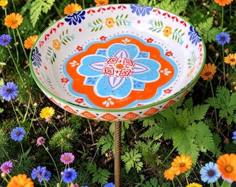 Small bird bath, handpainted ceramic design, vivid multicolored Boho design, patterned bottom, stand sold separately