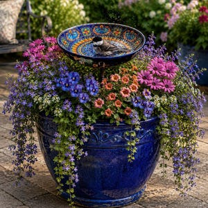 May include: A large, glossy cobalt blue ceramic planter filled with a vibrant arrangement of purple, pink, and orange flowers. A small, patterned birdbath bowl sits atop the center of the foliage, containing a small bird bathing in the water.