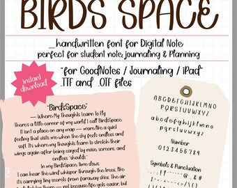 Birds Space Handwritten Font for GoodNotes and Journaling | Calm Digital Planner Font (.TTF .OTF)