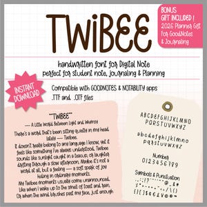 Può includere: Un font digitale scritto a mano chiamato "Twibee" per prendere appunti digitali, scrivere un diario e pianificare. L'immagine include l'alfabeto, i numeri e i simboli. Compatibile con le app GoodNotes e Notability. Include un regalo planner 2026.