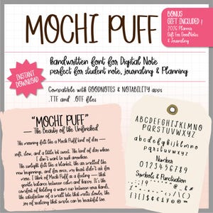 May include: Digital handwritten font called "Mochi Puff" for digital note-taking, journaling, and planning. Includes .TTF and .OTF files. Compatible with GoodNotes and Notability apps. Features a full alphabet, numbers, and symbols. Bonus gift included.
