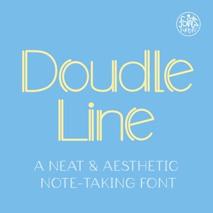 Puede incluir: Un fondo azul claro con una fuente amarilla que dice "Doodle Line" en un estilo de doble línea. Debajo del texto está la frase "Una fuente de notas limpia y estética".