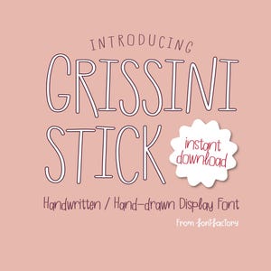 Pode incluir: Um design gráfico digital com as palavras "INTRODUCING GRISSINI STICK" em uma fonte manuscrita. O texto "instant download" está em uma forma branca recortada. As palavras "Handwritten / Hand-drawn Display Font" também estão incluídas.