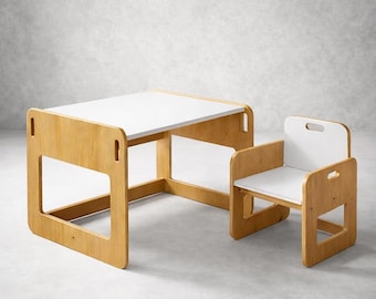 Montessori Kids Table and Chair Set | Natural Wood Play Table with Storage