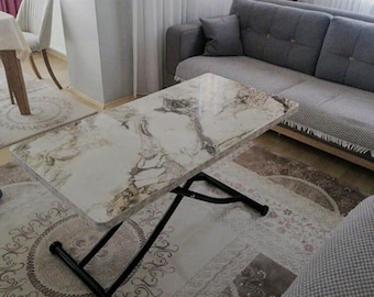Lift Top Coffee Table: Adjustable Height Dining Desk, Black Marble MDF
