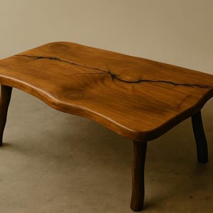 May include: A handcrafted wooden coffee table with a natural, organic shape. The table features a warm brown finish, a crack running across the surface, and four sturdy, curved legs. This unique piece adds a touch of rustic elegance to any living space.