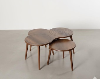 Modern Walnut Coffee Table Triple Design ,Scandinavian Solid Wood , Contemporary Center Table  Unique Round Shape