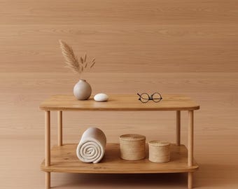 Minimalistische houten salontafel – Scandinavische plank met twee niveaus, natuurlijke afwerking
