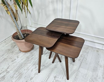 Solid Walnut Wood Nesting Coffee Table,Walnut Sofa Coffee Table Living Room, Laptop Stand, End / Side Tables, C Shape Rectangular Table