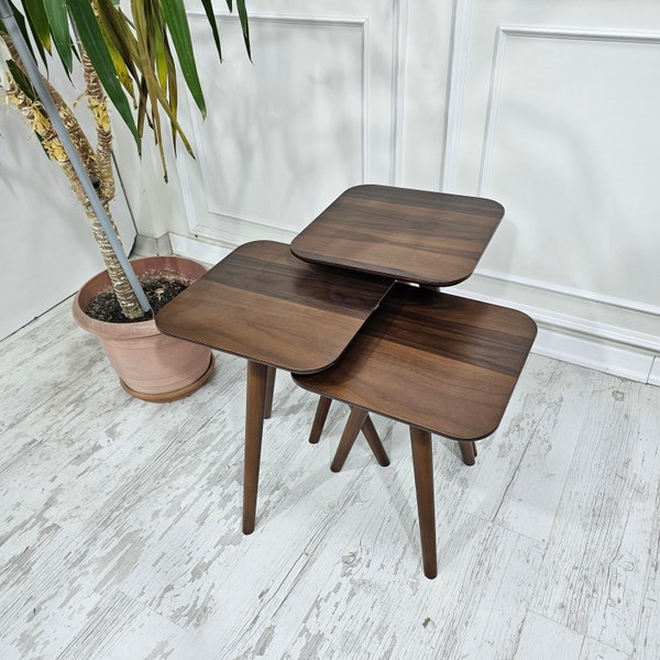 Solid Walnut Wood Nesting Coffee Table,Walnut Sofa Coffee Table Living Room, Laptop Stand, End / Side Tables, C Shape Rectangular Table