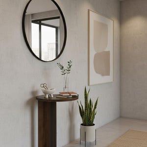 Op de afbeelding: Een moderne interieursc&egrave;ne met een donkerhouten bijzettafel, een ovale spiegel en een slangplant in een pot. De tafel bevat decoratieve items en boeken. Een abstract kunstwerk in een lijst hangt aan de muur.