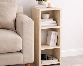 Travertine Look Narrow Side Table with Open Shelves | Modern Minimalist Storage Unit for Living Room & Bedroom