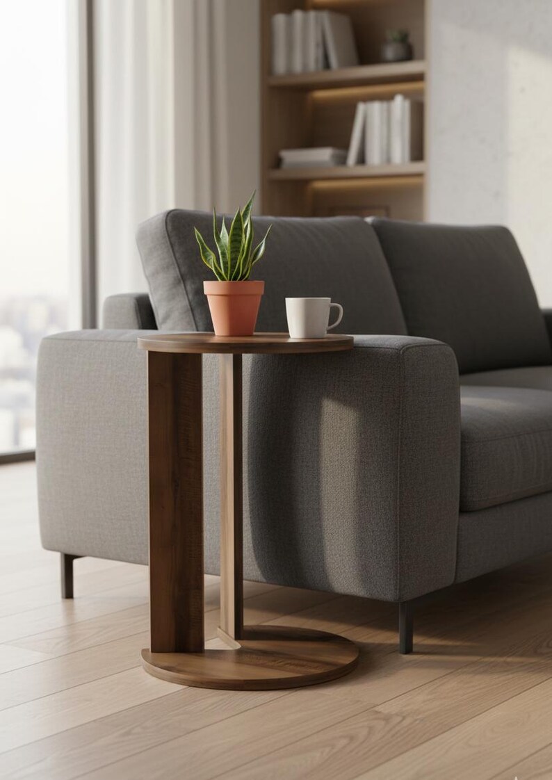 Op de afbeelding: Een bijzettafel van donker hout met een rond blad en een gebogen verticale steunvoet. Op de tafel staat een kleine groene sansevieria in een terracotta pot naast een effen witte keramische mok.