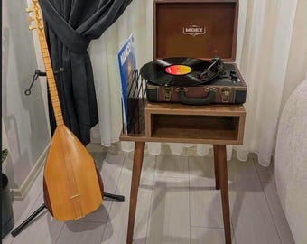 Mid-Century Modern Wood Turntable Stand with Vinyl Storage