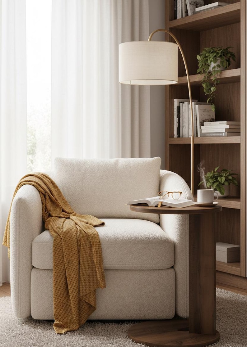 Op de afbeelding: Een gezellige woonkamer met een cr&egrave;mekleurige fauteuil en een mosterdgele deken. Een bijzettafel met een boek, bril en een kopje koffie. Een gouden booglamp en een houten boekenkast maken de setting compleet.