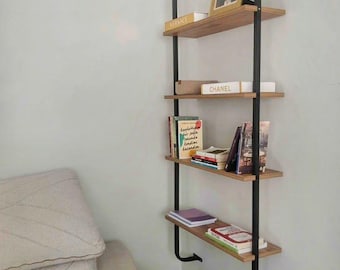 Rustic Industrial 4-Tier Wall Mounted Bookshelf: Wood & Metal Floating Shelves