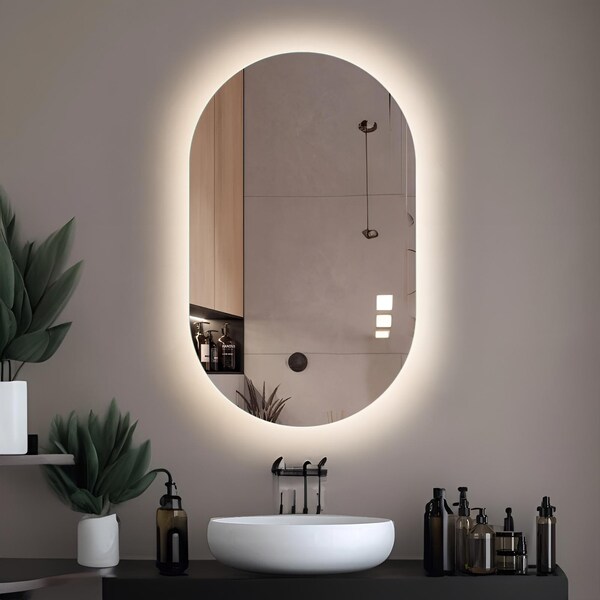 Miroir LED ovale, miroir de salle de bain LED décoratif suspendu, miroir de maquillage professionnel et de chambre à coucher, miroir de couloir éclairé, cadeau de fête des mères