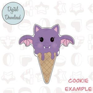 Puede incluir: Cortador de galletas con forma de cono de helado de murciélago morado con una cara sonriente, pequeños colmillos y alas rosas. El cono es marrón con un patrón de gofres. El texto "Digital Download" está en un círculo y "Cookie Example" debajo.