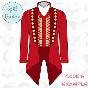 Puede incluir: Cortador de galletas rojo y dorado en forma de chaqueta de esmoquin de hombre con cola. La chaqueta tiene botones dorados y un diseño de cadena dorada en la parte delantera. El cortador de galletas es para hacer galletas.