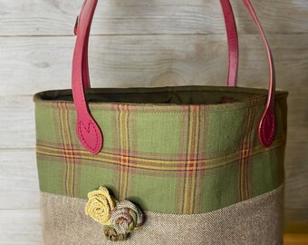 Plaid purse, elbow bag, leather handles, canvas flowers, tweed and plaid, small purse, small handmade purse, handmade purse or bag