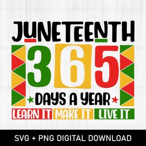 Puede incluir: Un diseño gráfico de descarga digital con el texto "Juneteenth 365 Days a Year" en negro sobre un fondo estampado rojo, amarillo y verde. El texto "Learn It Make It Live It" está debajo del texto principal.