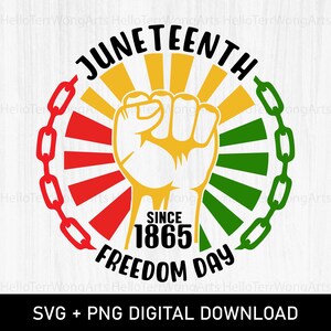 May include: A red, yellow, and green circular design with a raised fist in the center. The design has a chain border and the text "Juneteenth Since 1865 Freedom Day".