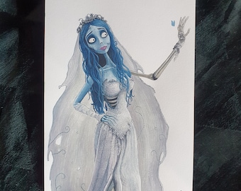 Zombie Bride painting, Emily in A4. undead girl, spooky beauty, pretty, delicate, veil, dress, fan art. Gouache.