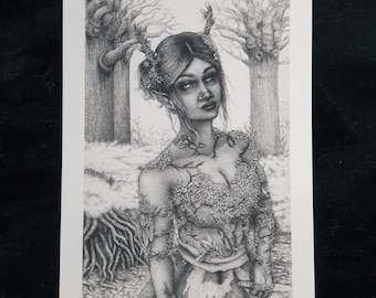 Forest nympth ballpoint pen drawing, A5 fine art print. Fantasy, folklore, spooky scene, illustration. Pretty, ink, artwork.