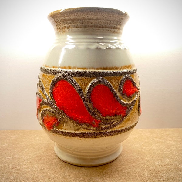 Vintage vase Strehla keramik GDR 1427 East-Germany white/red/brown 1960s