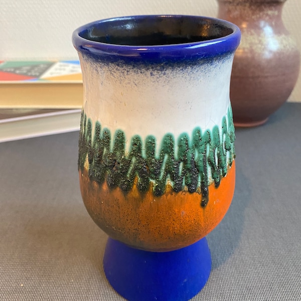 Strehla Keramik fat lava vintage vase in stunning Blue with Orange Green White 1960s East Germany marked underneath
