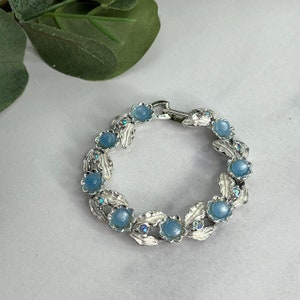 Vintage Judy Lee Silver Tone Faux Blue Moonstone Rhinestones Flower Bracelet Costume