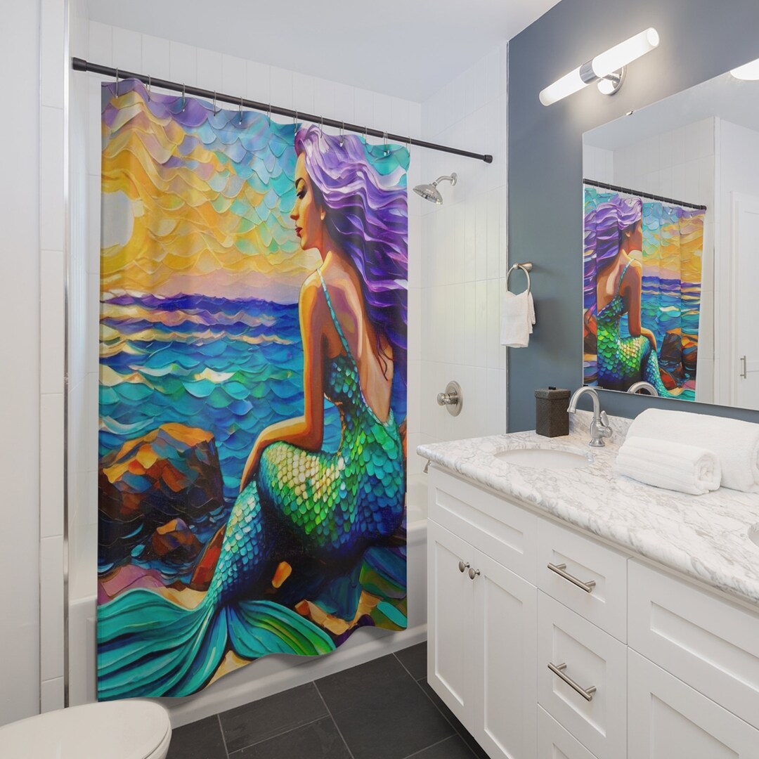 Mermaid Shower Curtain, Tropical Island Shower Curtain, Ocean Shower