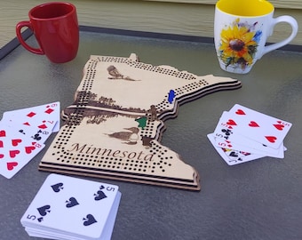 Minnesota Cribbage Board with Custom Pegs, 12” Wooden State Shaped Cribbage Game Board and Wall Display and in one. Midwestern Game and Gift
