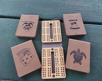 Travel Cribbage Board, Laser Cut Folding Game with Leatherette Cover & 15 Design Choices, Portable Peg Board for Camping, RV, and Game Night
