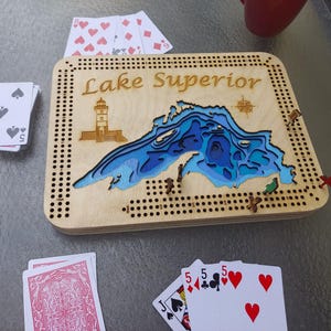 Lake Depth Cribbage Board: Laser Cut Wood Lake Map with Fish Pegs