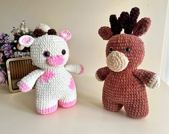 Modèles amigurumi de vache et d'orignal, modèles de peluches rembourrées au crochet,