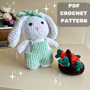 Bunny Crochet Pattern in Overalls and  Carrots in the Basket