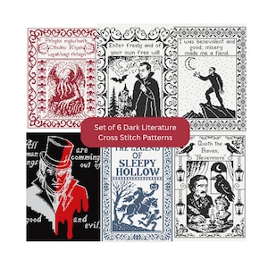 Puede incluir: Un conjunto de seis patrones de punto de cruz de literatura oscura con imágenes y texto góticos. Los diseños incluyen a Cthulhu, Drácula, Frankenstein, Jekyll y Hyde, La leyenda de Sleepy Hollow y Edgar Allan Poe con un cuervo, en negro, blanco y rojo.
