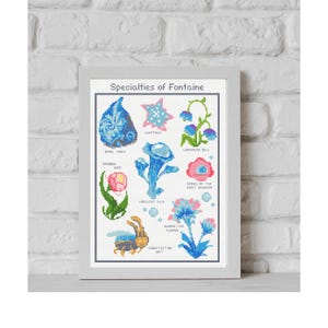 May include: A framed cross-stitch art piece titled "Specialties of Fontaine." The artwork features various floral and aquatic designs in shades of blue, pink, and yellow. The frame is a light gray color, and the background is a white brick wall.