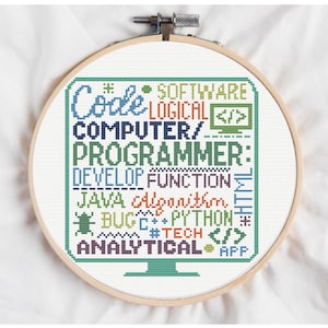 Computer Programmer Digital Cross Stitch Pattern, Software Engineer App Developer Embroidery Design, Coding Languages