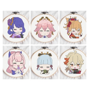 May include: Six cross-stitch embroidery hoops featuring anime-style characters with large eyes and colorful hair. Each character is set against a white background and framed in a wooden hoop. The characters have various outfits and accessories.