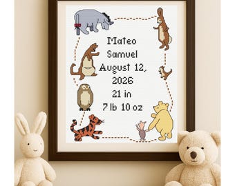 Classic Winnie-the-Pooh Birth Record Cross Stitch Pattern: Tigger, Piglet, Eeyore (Digital Download)