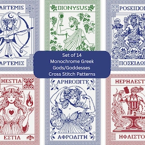 May include: A set of 14 monochrome cross stitch patterns featuring Greek gods and goddesses, including Artemis, Dionysus, Poseidon, Hestia, Aphrodite, and Hephaestus. Each design is framed by a Greek key border with names in English and Greek.
