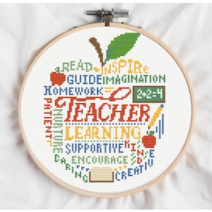 Puede incluir: Un bordado de punto de cruz en un aro de madera. El diseño es una forma de manzana llena de palabras como "TEACHER", "LEARNING" e "INSPIRE". La manzana tiene una hoja verde, un tallo marrón y una manzana roja a un lado. El fondo es blanco.