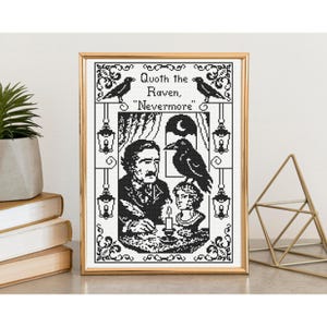 May include: A framed black and white cross-stitch depicting Edgar Allan Poe and a raven, with the quote "Quoth the Raven, 'Nevermore'". The design includes decorative lanterns and ravens, creating a gothic aesthetic.