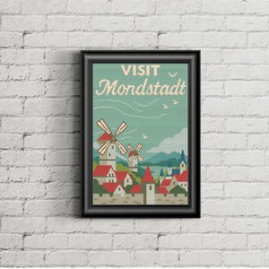 May include: A framed art print with a pixelated design. The artwork features a landscape with windmills, red-roofed buildings, and the text "VISIT Mondstadt" in a vintage style. The color palette includes shades of blue, green, and red.
