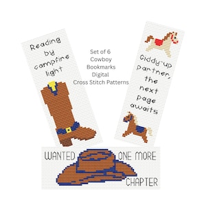 May include: Set of six cowboy-themed cross-stitch bookmarks. Designs include a cowboy boot, a horse, and a cowboy hat. Text on the bookmarks reads "Reading by campfire light", "Giddy-up partner, the next page awaits", and "Wanted: One More Chapter".