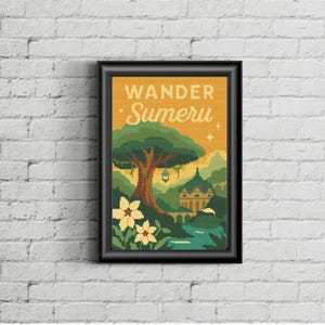 May include: A framed art print featuring a landscape scene with the text "Wander Sumeru." The artwork depicts a large tree, a building, and a river, all in a pixelated style. The color palette includes shades of green, yellow, and orange.
