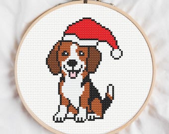 Christmas Beagle Cross Stitch Pattern: Santa Hat Puppy (Digital Download)