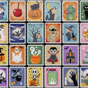 Timbres d'Halloween au point de croix : lot de 24, petit (téléchargement numérique, PDF)